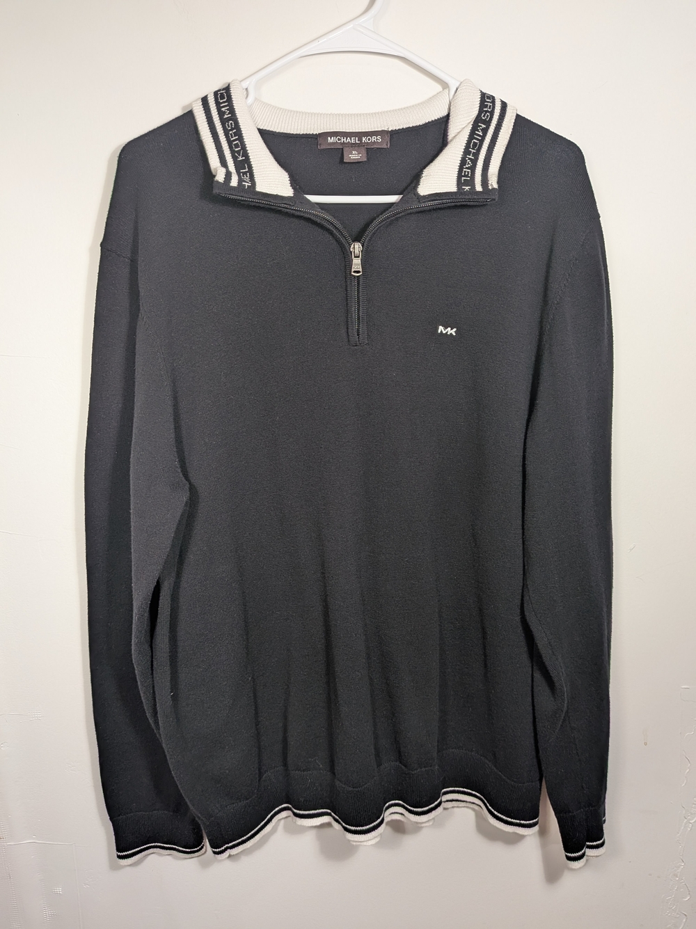 Michael Kors Men's Knit Cotton Sweater 1/4 Zip Logo Sweater Black XL